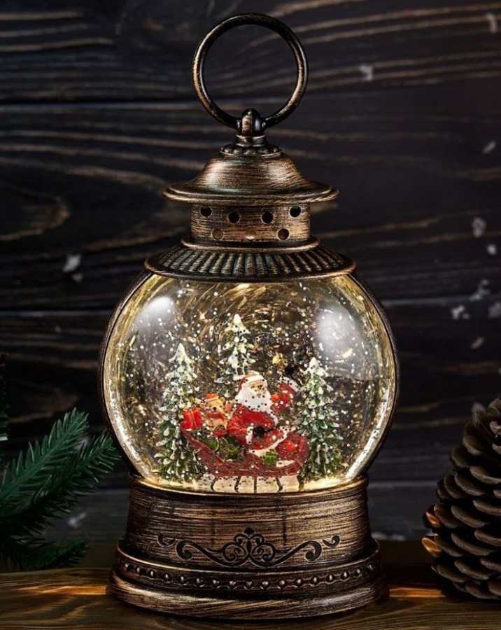 Новогодний фонарь со снегом "Волшебный шар " 20х12 см музыкальный Дед Мороз в санях